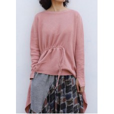 Winter o neck pink knitted blouse plus size clothing drawstring asymmetric top