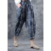 fall new blue prints women pants linen blended elastic waist harem pants