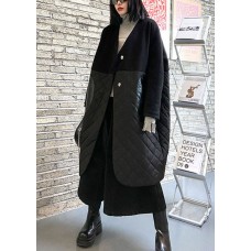 Fine Black Woolen Patchwork PU Pockets Winter Cotton Parka coat