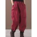 burgundy women elastic waist cotton trousers plus size false pockets harem pants