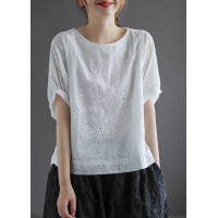 Bohemian White O-Neck Hollow Out Summer Retro Half Sleeve Top