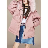 Trendy Pink Raccoon hair collar Pockets zippered Winter Duck Down Puffer Jacket