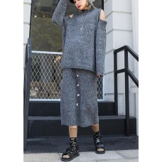 Autumn Knitted Gray Set Women's Two-piece Skirt New Sweater Skirt Set