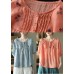 Vintage Orange O-Neck Embroideried Linen Tops Half Sleeve